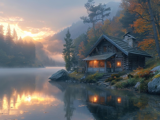 a cabin on a lake with the sun shining through the trees