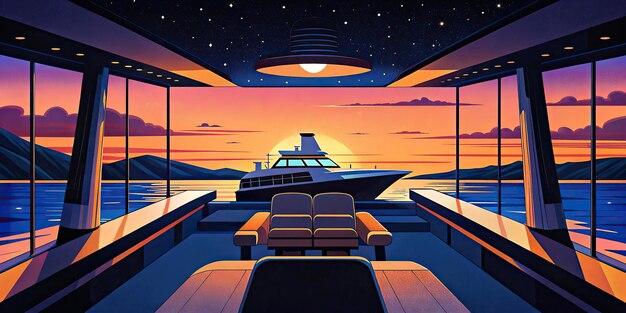 The cabin of a luxury yacht reflecting the hues of a twilight sky