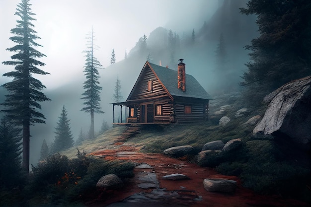 A cabin in the middle of a forest with fog and trees on the mountain side and a foggy sky above it with a path leading to a cabin in the middle of the woods Generative AI