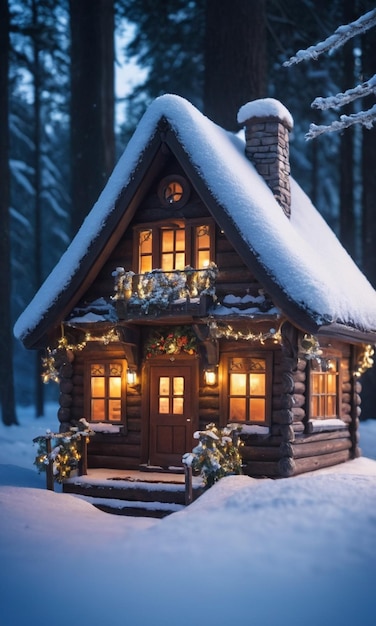 a cabin in the middle of a snowy forest