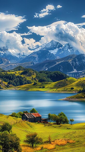 cabin on a mountain lake