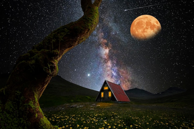 Cabin on the mountain with a starry sky