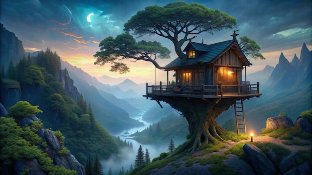 a cabin on a mountain with a tree on the top