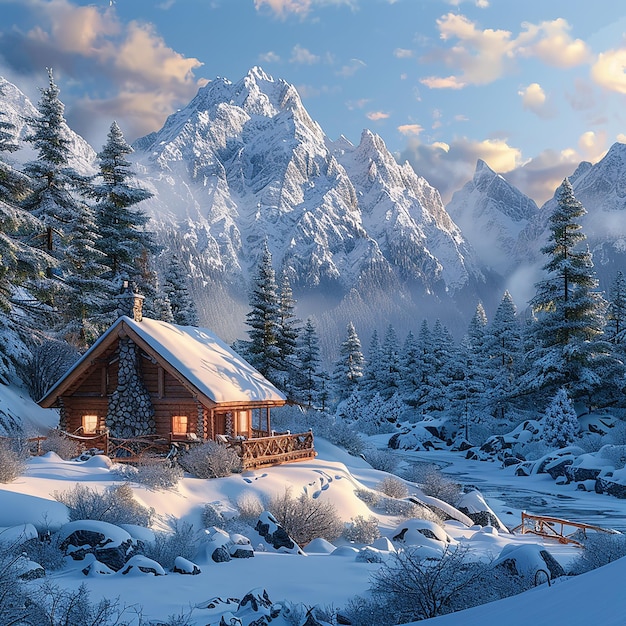 a cabin in the mountains with snow on the roof