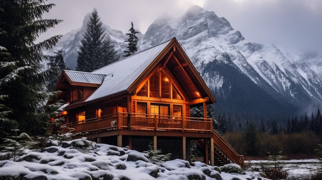 a cabin in the mountains with snow on the roof