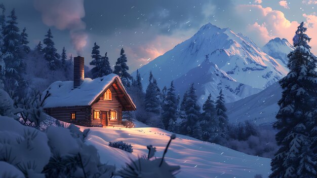 a cabin in the mountains with a snowy mountain in the background