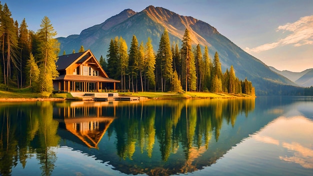 a cabin sits in front of a mountain with the reflection of the mountains in the water