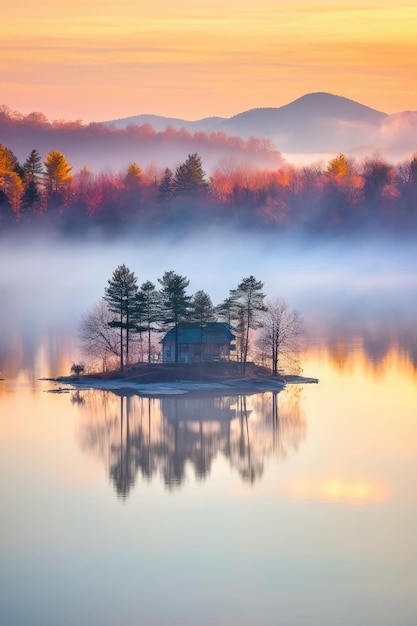 Photo a cabin sits on a lake with the mountains in the background