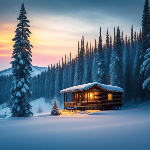 A cabin in the snow with the lights on