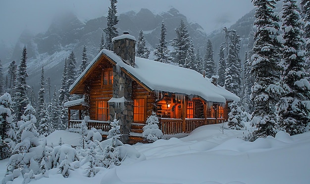 Photo cabin in the snow with mountains in the background