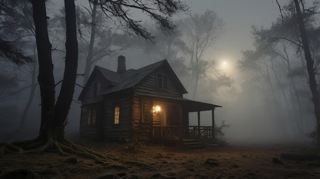 A cabin stands shrouded in fog bathed in the eerie glow of a full moon