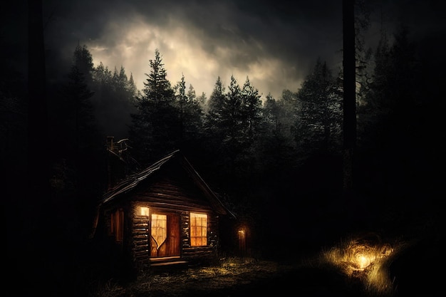 Cabin in the very dark Woods at night