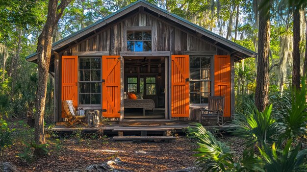 Photo a cabin with a bright orange exterior and a blue door