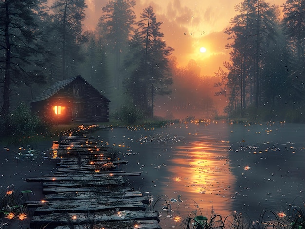 a cabin with a cabin in the background and a cabin in the background