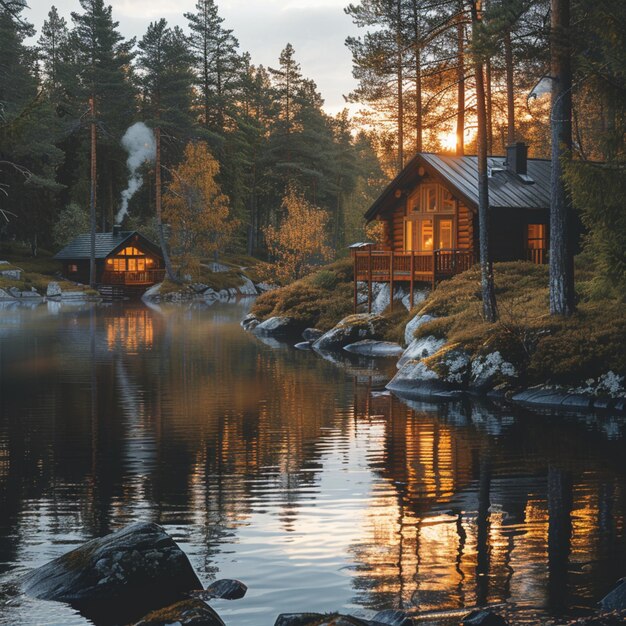 Photo a cabin with a cabin in the background and a reflection of a cabin in the water