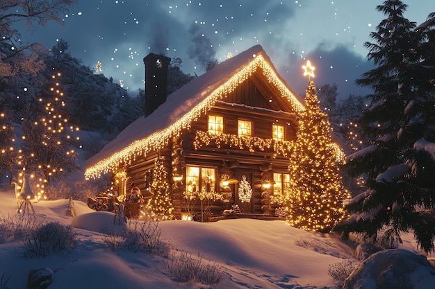 a cabin with christmas lights on the roof