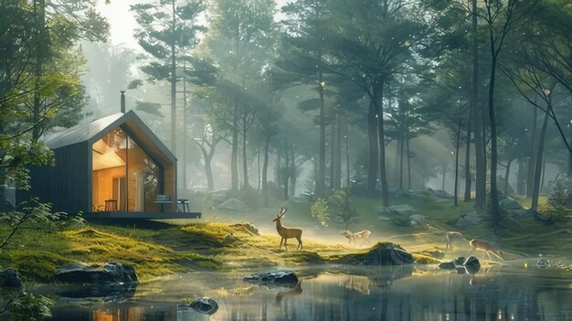 Photo a cabin with a deer on the grass and a deer in the background