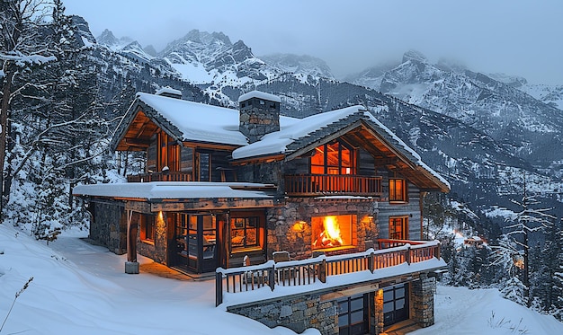 Photo a cabin with a fire in the snow and mountains in the background