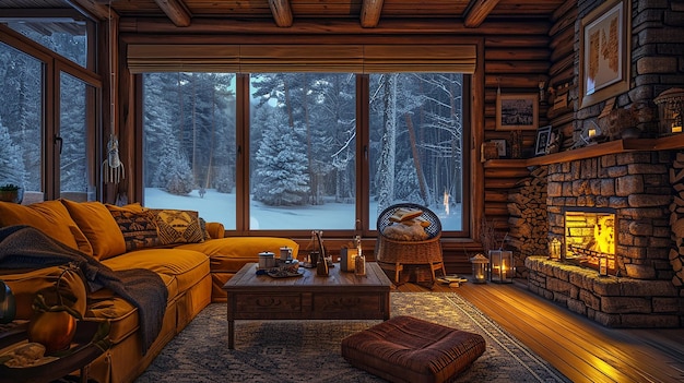 a cabin with a fireplace and a couch in the background