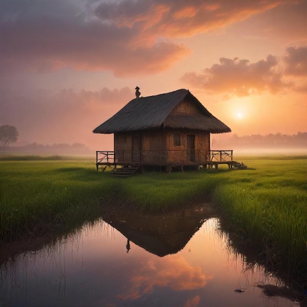 a cabin with a man on the roof is reflected in the water