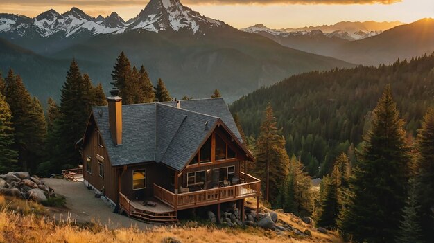 Photo a cabin with a mountain in the background