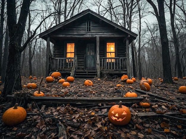 Photo a cabin with a pumpkin on the front porch