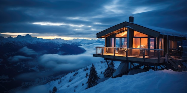 Photo a cabin with a snow covered roof and a cabin on the top of the mountain