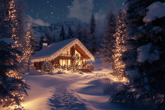 a cabin in the woods at night with a christmas tree in the background