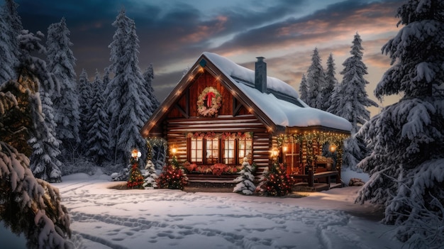 a cabin in the woods with a christmas wreath on the front.