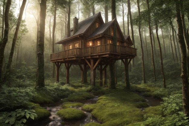 a cabin in the woods with a forest in the background