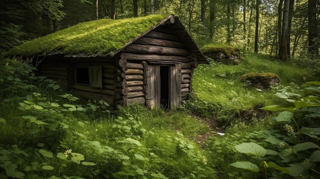 A cabin in the woods with green grass on the roof.