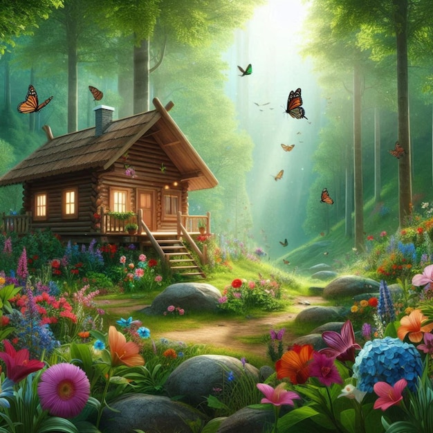 a cabin in the woods with a house and butterflies