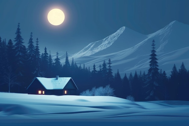 A cabin in the woods with a large moon in the sky