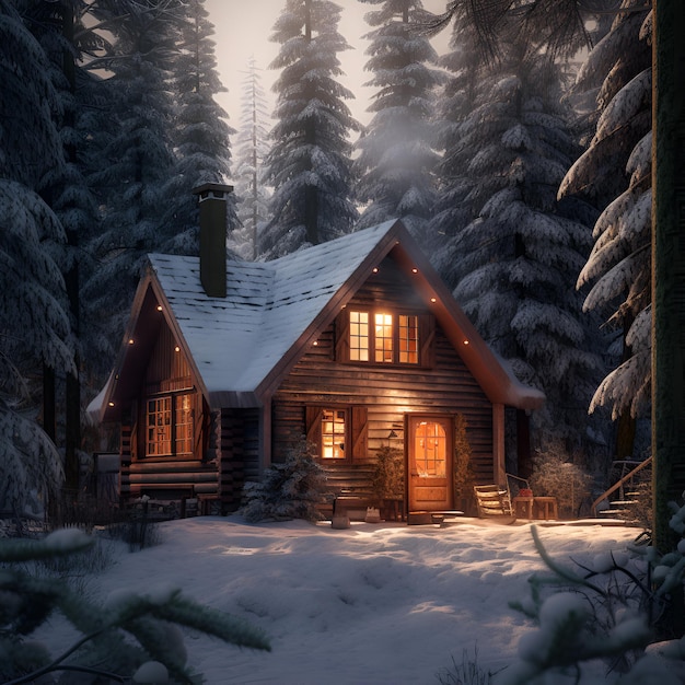 A cabin in the woods with the lights on