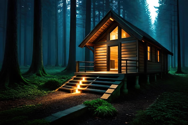 A cabin in the woods with a lit up porch.