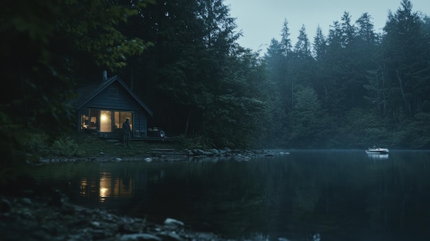 Photo a cabin in the woods with a person standing outside and a boat on the lake