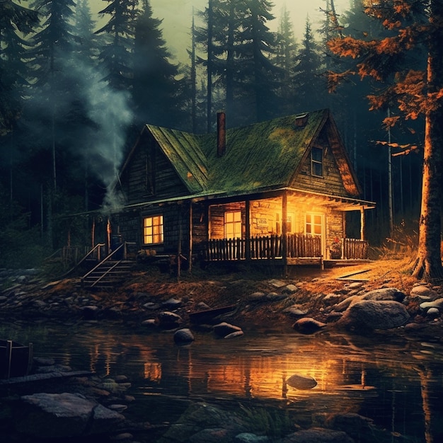 A cabin in the woods with the sun shining on the roof