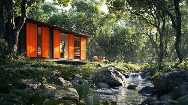 Photo a cabin in the woods with a waterfall in the background