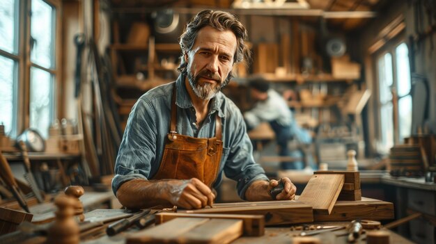 Cabinet maker working on wooden projects in a wellequipped workshop during daylight