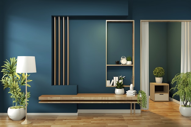 Cabinet mock up on room dark blue on floor wooden minimal design. 3D rendering