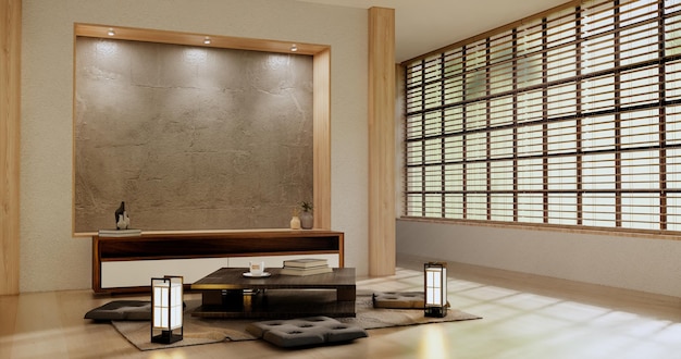 Cabinet room wooden interior wabisabi and armchair sofa and decoration japanese style3D rendering