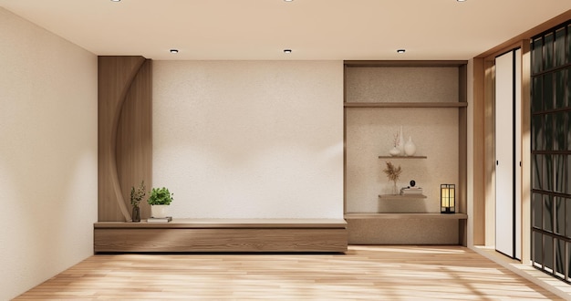 Cabinet room wooden interior wabisabi style3D rendering