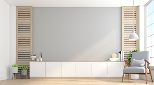 Cabinet for tv on the gray wall in living room with armchair minimalist design 3d rendering