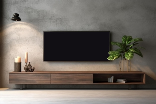 Cabinet TV in an interior room with no furniture against a concrete wall with wooden shelves