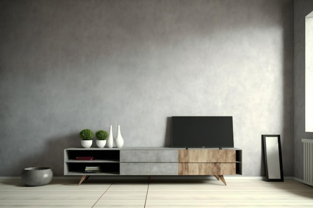 cabinet for tv in living room interior wall mockup on concrete wall