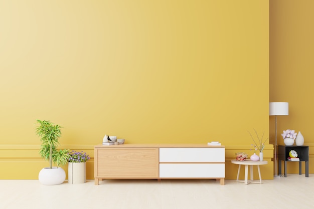 Cabinet For TV or place object in modern living room with lamp, table, flower and plant on yellow wall