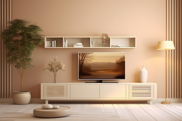 Cabinet for TV wall mounted with decoration in living room and cream color wall