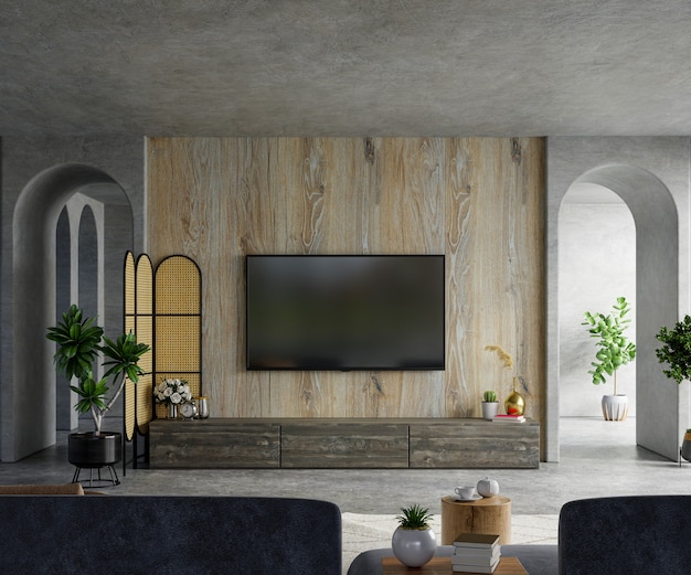  cabinet a TV wall wooden in a cement room with sofa and decor.3d rendering