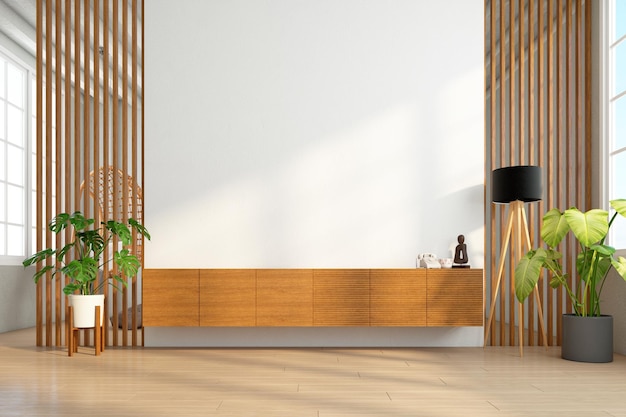 Cabinet wood for tv on the wood slat wall in living room with minimalist design 3d rendering