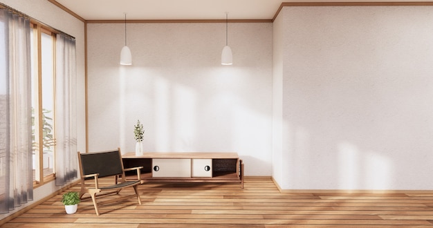 Cabinet wooden japanese design on living room zen style empty wall background.3D rendering